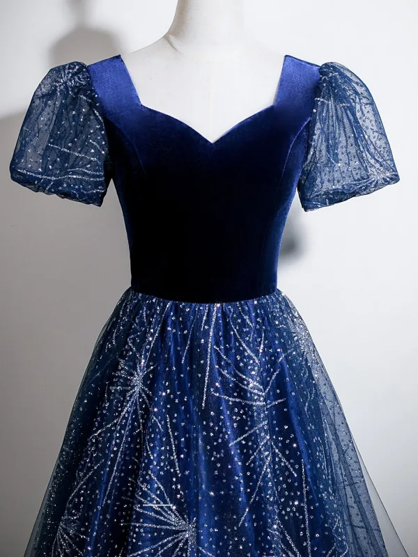 Vintage / Retro Royal Blue Glitter Rhinestone Prom Dresses 2025 A-Line / Princess Square Neckline Short Sleeve Backless Floor-Length / Long Prom Formal Dresses