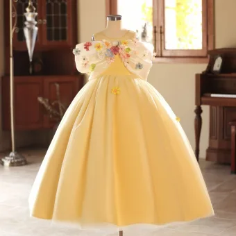 Lovely Yellow Bow Appliques Birthday Flower Girl Dresses 2025 Ball Gown Scoop Neck Short Sleeve Backless Floor Length Long Tulle