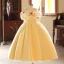 Lovely Yellow Bow Appliques Birthday Flower Girl Dresses 2025 Ball Gown Scoop Neck Short Sleeve Backless Floor-Length / Long Tulle