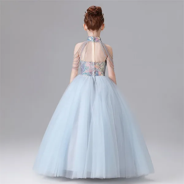 Fashion Sky Blue Beading Tassel Sequins Birthday Flower Girl Dresses 2025 Ball Gown High Neck Sleeveless Floor-Length / Long