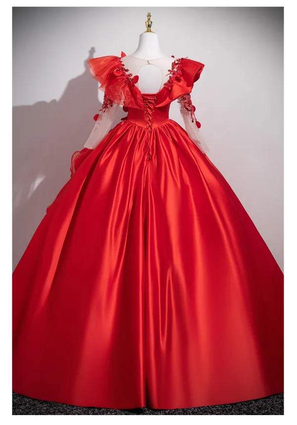 Vintage / Retro Red Beading Sequins Appliques Prom Dresses 2025 Ball Gown Scoop Neck Long Sleeve Backless Floor-Length / Long Formal Dresses