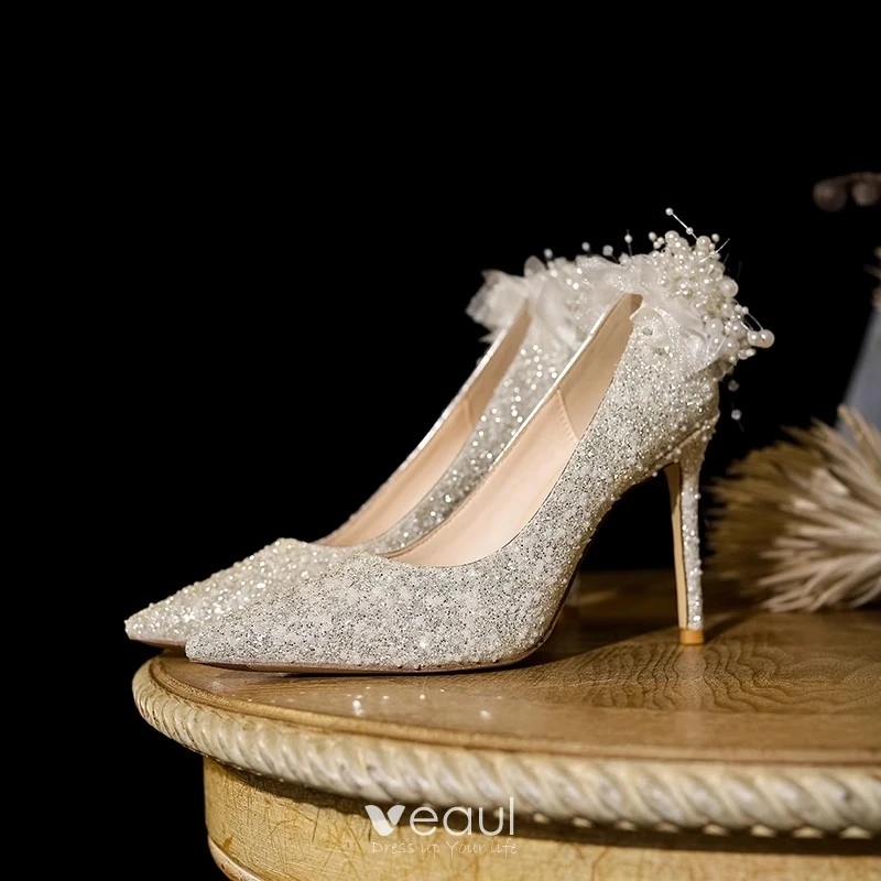 Sparkly Charming Beige Pearl Sequins Wedding Shoes 2023 Wedding 10 cm Stiletto Heels Pointed Toe Pumps High Heels