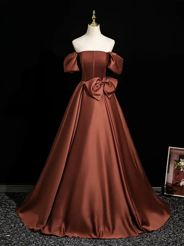 Vintage / Retro Brown Bow Satin Prom Dresses Ball Gown 2025 Off-The-Shoulder Short Sleeve Backless Floor-Length / Long Formal Dresses