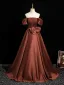 Vintage / Retro Brown Bow Satin Prom Dresses Ball Gown 2025 Off-The-Shoulder Short Sleeve Backless Floor-Length / Long Formal Dresses
