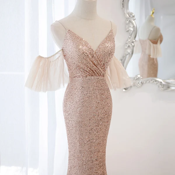 Scintillantes Sexy Champagne Paillettes Robe De Soirée 2022 Trompette / Sirène Bretelles Spaghetti Gonflée Manches Courtes Dos Nu Longue Soirée Robe De Ceremonie
