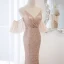 Scintillantes Sexy Champagne Paillettes Robe De Soirée 2022 Trompette / Sirène Bretelles Spaghetti Gonflée Manches Courtes Dos Nu Longue Soirée Robe De Ceremonie