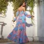 Confortable Bleu Été Vacances Plage Impression Robes longues 2022 Princesse Bretelles Spaghetti Manches Longues Dos Nu Fendue devant Longue Femme Robes