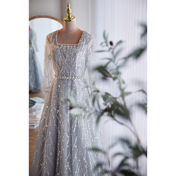 Bling Bling Silver Grey Beading Pearl Sequins Evening Dresses 2023 A-Line / Princess Square Neckline Long Sleeve Floor-Length / Long Evening Party Formal Dresses