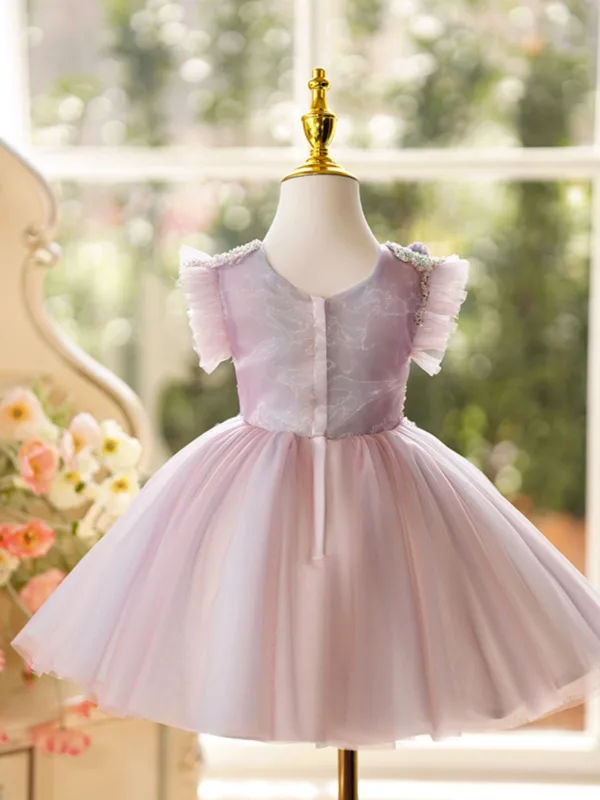 Schöne Rosa Perlenstickerei Applikationen Pailletten Kurze Geburtstag Blumenmädchenkleider 2024 Ballkleid Rundhalsausschnitt Ärmellos Rückenfreies Tülle