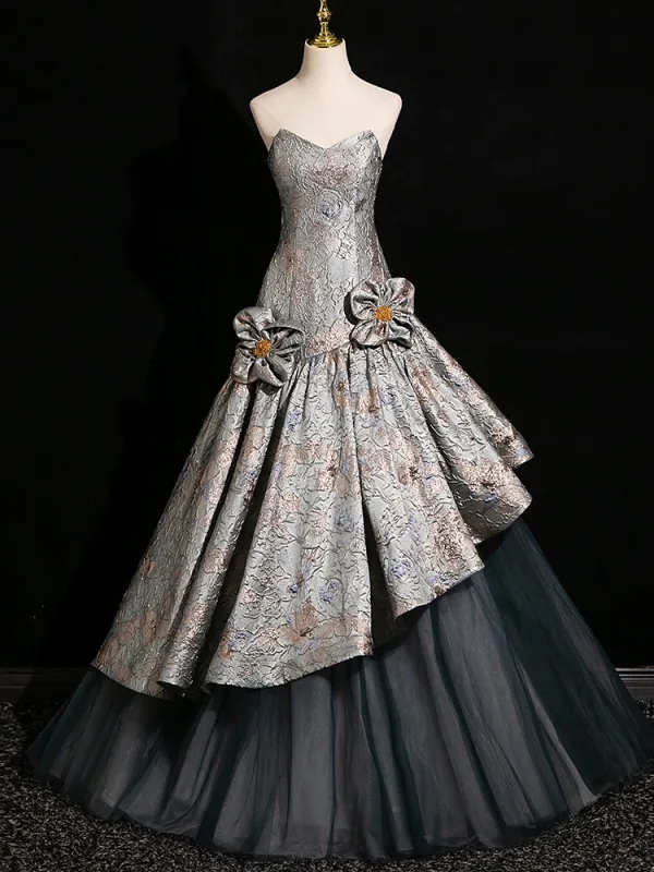 Vintage / Retro Grey Printing Prom Dresses 2024 Ball Gown Strapless Sleeveless Backless Floor-Length / Long Prom Formal Dresses