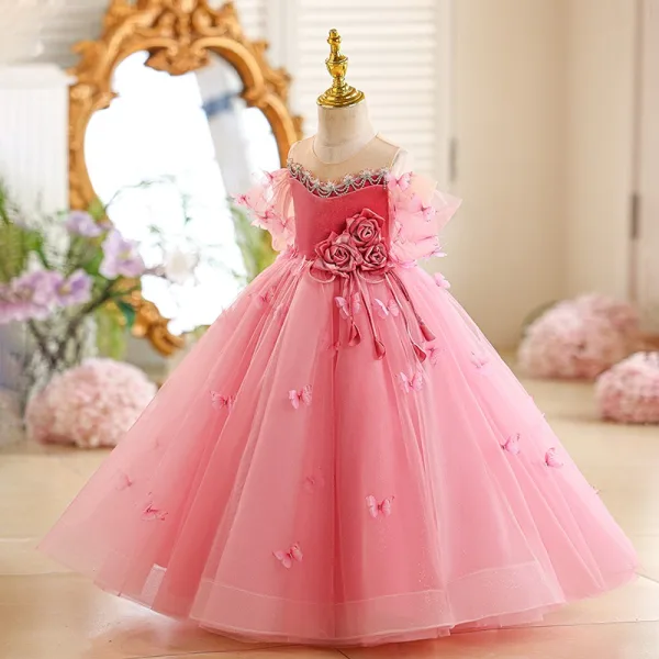 Chic / Beautiful Blushing Pink Butterfly Appliques Birthday Flower Girl Dresses 2025 Ball Gown Scoop Neck Short Sleeve Backless Floor-Length / Long