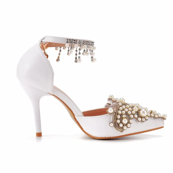 Charmant Perle Weiß Strass Brautschuhe 2022 Knöchelriemen 9 cm Stilettos Spitzschuh Hochzeit Hochhackige