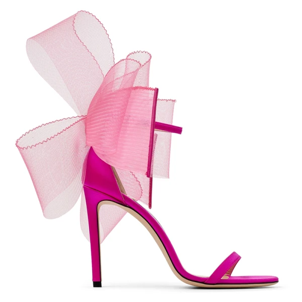 Sexy Fuchsie Ball Schleife Sandalen Damen 2022 Leder 9 cm Stilettos Knöchelriemen Peeptoes Sandaletten Hochhackige