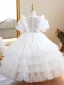 Chic / Beautiful White Beading Sequins Cascading Ruffles Birthday Flower Girl Dresses 2023 Ball Gown Scoop Neck Short Sleeve Floor-Length / Long