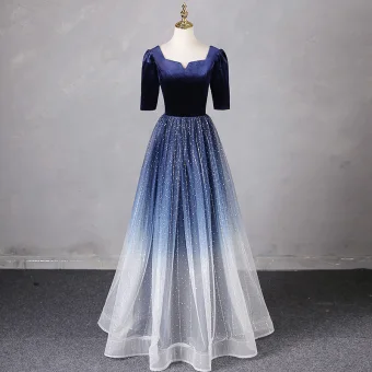 Vintage Retro Navy Blue Beading Sequins Prom Dresses 2024 A Line Princess Square Neckline Short Sleeve Backless Floor Length Long Prom Formal Dresses