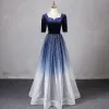 Vintage / Retro Navy Blue Beading Sequins Prom Dresses 2024 A-Line / Princess Square Neckline Short Sleeve Backless Floor-Length / Long Prom Formal Dresses