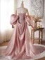 Luxe Rougissant Rose Faux Diamant Paillettes Robe De Bal 2026 Trompette / Sirène Bustier Gonflée Manches Courtes Dos Nu Train De Balayage Robe De Ceremonie