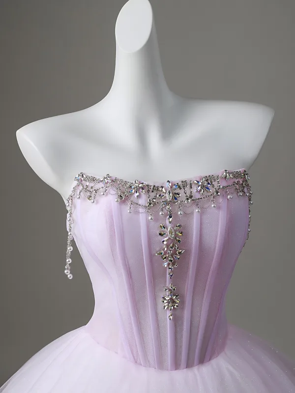 Elegant Lavender Pearl Rhinestone Sequins Flower Prom Dresses 2026 Ball Gown Strapless Sleeveless Backless Floor-Length / Long Formal Dresses