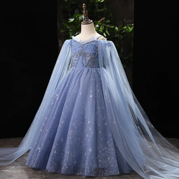 Elegant Sky Blue Beading Pearl Sequins Birthday Flower Girl Dresses 2022 Ball Gown Spaghetti Straps Long Sleeve Floor-Length / Long Flower Girl Dresses