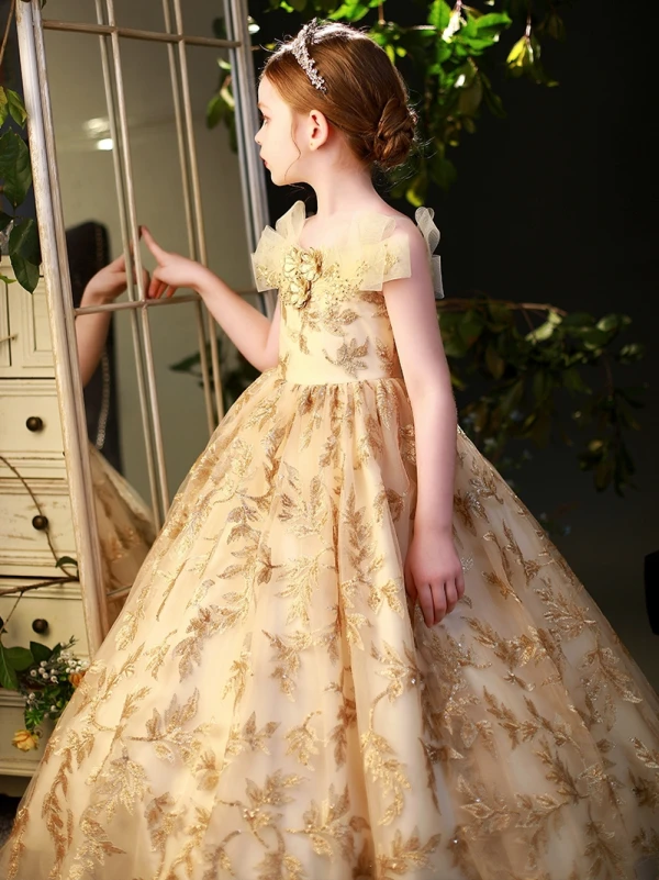 Fashion Gold Sequins Pearl Lace Flower Prom Flower Girl Dresses 2022 Ball Gown Scoop Neck Short Sleeve Floor-Length / Long Flower Girl Dresses