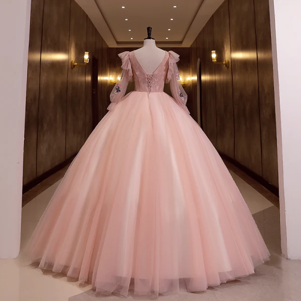 Élégant Rougissant Rose Perlage Paillettes En Dentelle Fleur Robe De Bal 2022 Robe Boule Encolure Dégagée Manches Longues Dos Nu Longue Robe De Ceremonie