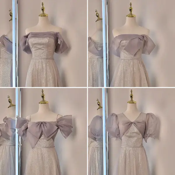 Simple Champagne Noeud Paillettes Robe Demoiselle D'honneur 2022 Princesse De l'épaule Manches Courtes Dos Nu Longue Robe Demoiselle D'honneur