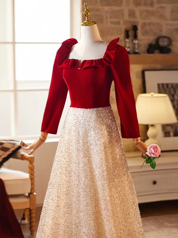 Chic / Belle Bordeaux Paillettes Robe De Bal 2024 Princesse Encolure Carrée Manches Longues Dos Nu Longue Promo Robe De Ceremonie