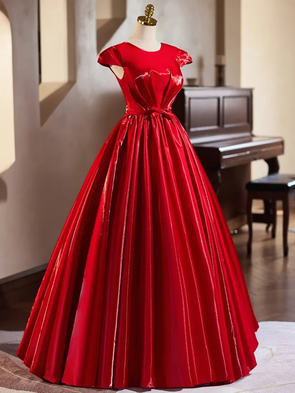 Modest / Simple Burgundy Prom Dresses 2025 Ball Gown Scoop Neck Cap Sleeves Bow Sash Backless Floor-Length / Long Prom Formal Dresses
