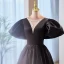 Vintage / Retro Black Satin Prom Dresses 2023 Ball Gown Scoop Neck Beading Pearl Puffy Short Sleeve Sweep Train Prom Formal Dresses