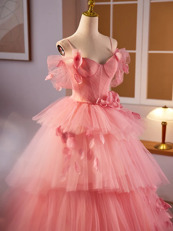 Chic / Belle Rougissant Rose Volants en Cascade Appliques Robe De Bal 2024 Robe Boule Bretelles Spaghetti Manches Courtes Dos Nu Longue Promo Robe De Ceremonie