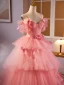 Chic / Belle Rougissant Rose Volants en Cascade Appliques Robe De Bal 2024 Robe Boule Bretelles Spaghetti Manches Courtes Dos Nu Longue Promo Robe De Ceremonie