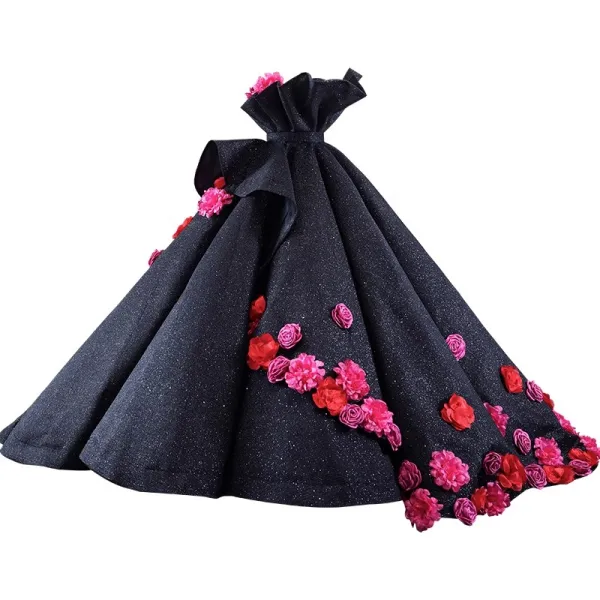 High-end Flower Fairy Black Appliques Sequins Prom Dresses 2023 Ball Gown Strapless Sleeveless Backless Sweep Train Prom Formal Dresses