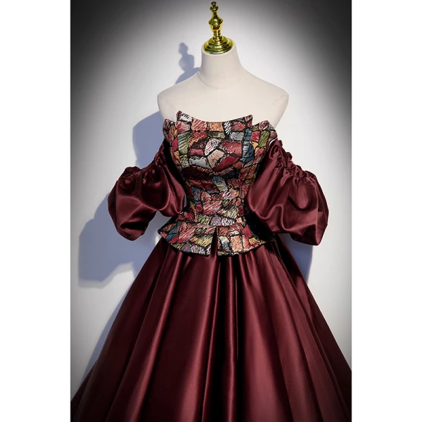 Vintage / Retro Burgundy Embroidered Formal Dresses 2022 Satin Off-The-Shoulder Puffy Short Sleeve Backless Floor-Length / Long Prom Dresses