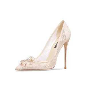 Charmant Nues Perle Faux Diamant Dentelle Chaussure De Mariée 2024 10 Cm Talons Aiguilles À Bout Pointu Mariage Escarpins Talons Hauts