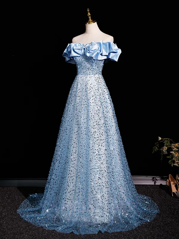 Glitzernden Himmelblau Perlenstickerei Perle Pailletten Ballkleider 2025 A Linie Off Shoulder Kurze Ärmel Rückenfreies Sweep / Pinsel Zug Ball Festliche Kleider