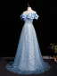 Glitzernden Himmelblau Perlenstickerei Perle Pailletten Ballkleider 2025 A Linie Off Shoulder Kurze Ärmel Rückenfreies Sweep / Pinsel Zug Ball Festliche Kleider
