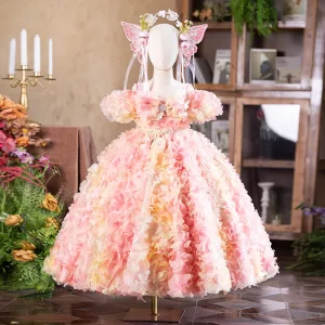 Flower Fairy Blushing Pink Appliques Birthday Flower Girl Dresses 2025 Ball Gown Pearl Spaghetti Straps Puffy Short Sleeve Backless Floor Length Long