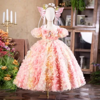 Hada De Las Flores Rosa Clara Apliques Cumpleaños Vestidos Para Niñas 2025 Ball Gown Perla Spaghetti Straps Hinchado Manga Corta Sin Espalda Largos