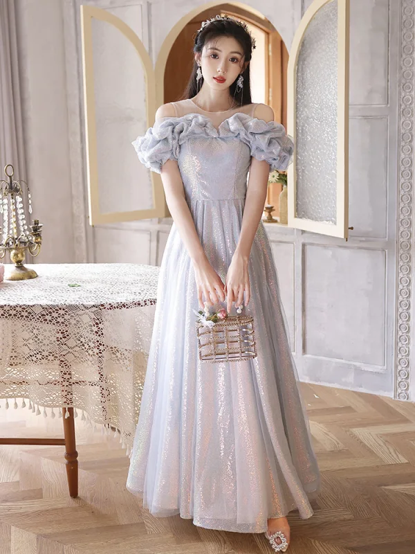Sparkly Grey Glitter Sequins Prom Dresses 2023 A-Line / Princess Scoop Neck Ruffle Short Sleeve Backless Floor-Length / Long Prom Formal Dresses