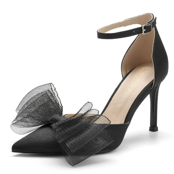 Sexy Black Bow Evening Party Womens Shoes 2023 Ankle Strap 8 cm Stiletto Heels Pointed Toe Womens Shoes High Heels