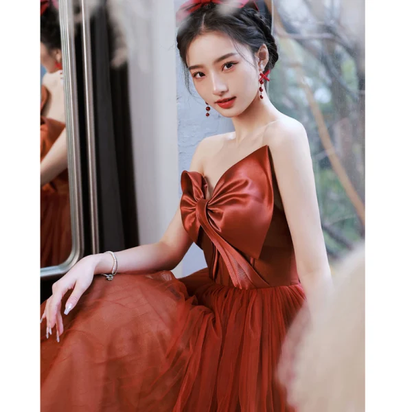 Audrey Hepburn Style Red Bow Strapless Prom Dresses 2022 A-Line / Princess Sleeveless Backless Floor-Length / Long Prom Formal Dresses