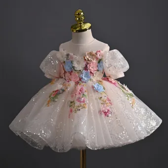 Flower Fairy White Appliques Lace Flower Beading Sequins Pearl Birthday Short Flower Girl Dresses 2025 Ball Gown Scoop Neck Puffy Short Sleeve