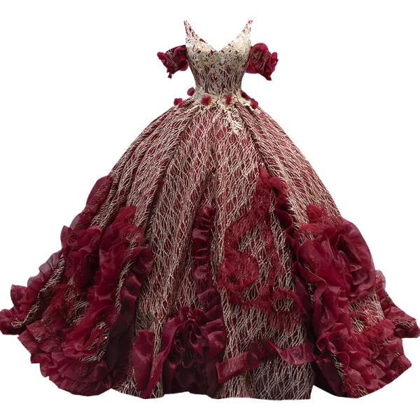 High-end Glitter Burgundy Sequins Appliques Prom Dresses 2022 Ball Gown V-Neck Short Sleeve Backless Court Train Formal Dresses