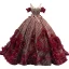 High-end Glitter Burgundy Sequins Appliques Prom Dresses 2022 Ball Gown V-Neck Short Sleeve Backless Court Train Formal Dresses