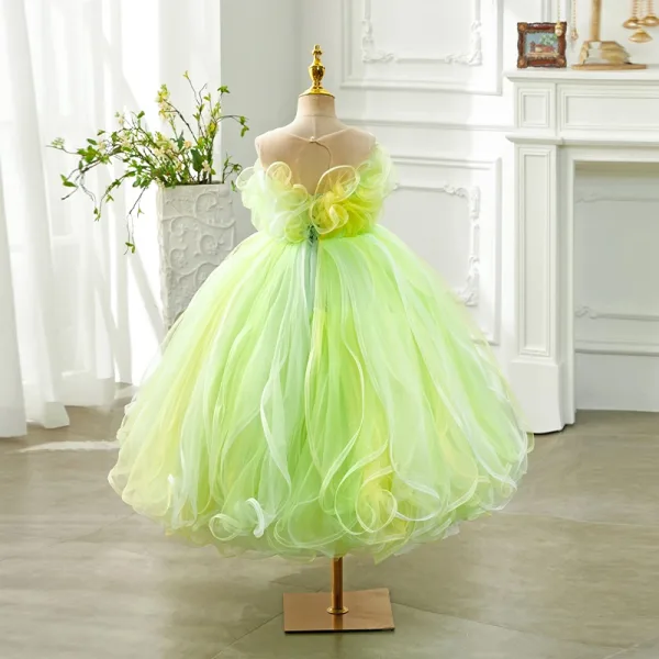 Fashion Green Cascading Ruffles Birthday Flower Girl Dresses 2024 Ball Gown Scoop Neck Sleeveless Backless Floor-Length / Long