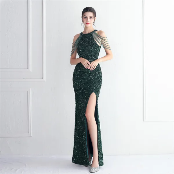 Sexy Doré Perlage Paillettes Fendue devant Robe De Soirée 2024 Trompette / Sirène Encolure Dégagée Sans Manches Dos Nu Longue Soirée Robe De Ceremonie