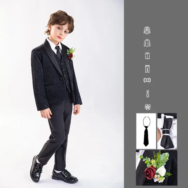 Black Long Sleeve Wedding Boys Wedding Suits 2025 Body Jewellery Coat Pants Shirt Tie Vest Boys Wedding Suits