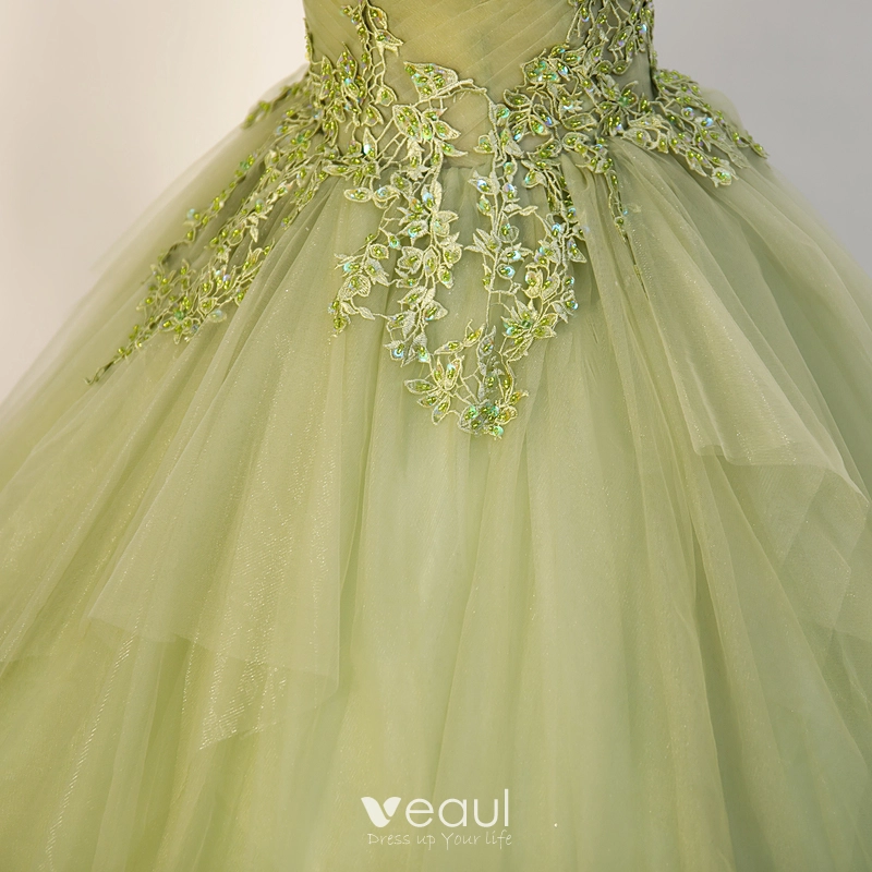 Elegant Sage Green Sequins Lace Flower Prom Dresses 2023 Ball Gown Scoop Neck Sleeveless
