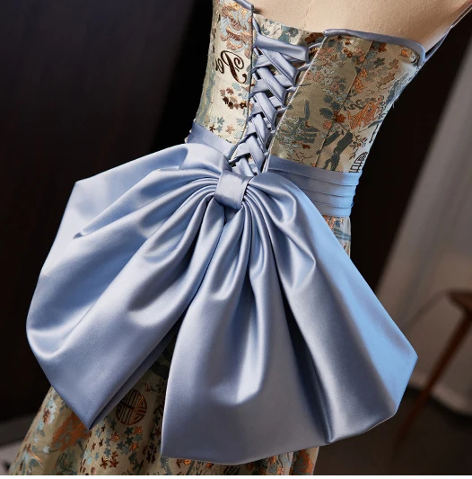 Chinese style Printing Prom Dresses 2024 A-Line / Princess Sleeveless Strapless Backless Bow Floor-Length / Long Prom Formal Dresses