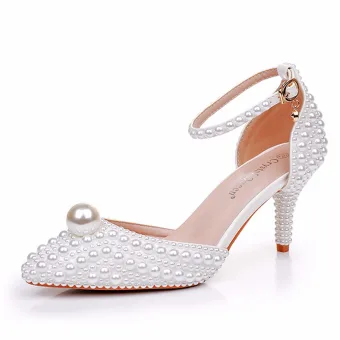 Elegant White Pearl Ankle Strap Wedding Shoes 2025 7 Cm Stiletto Heels Pointed Toe Wedding Heels